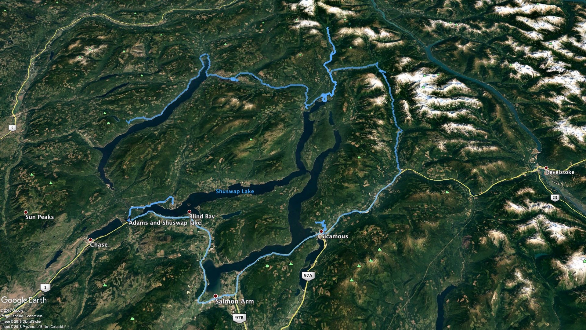 Adams and Shuswap Lake trip GPS